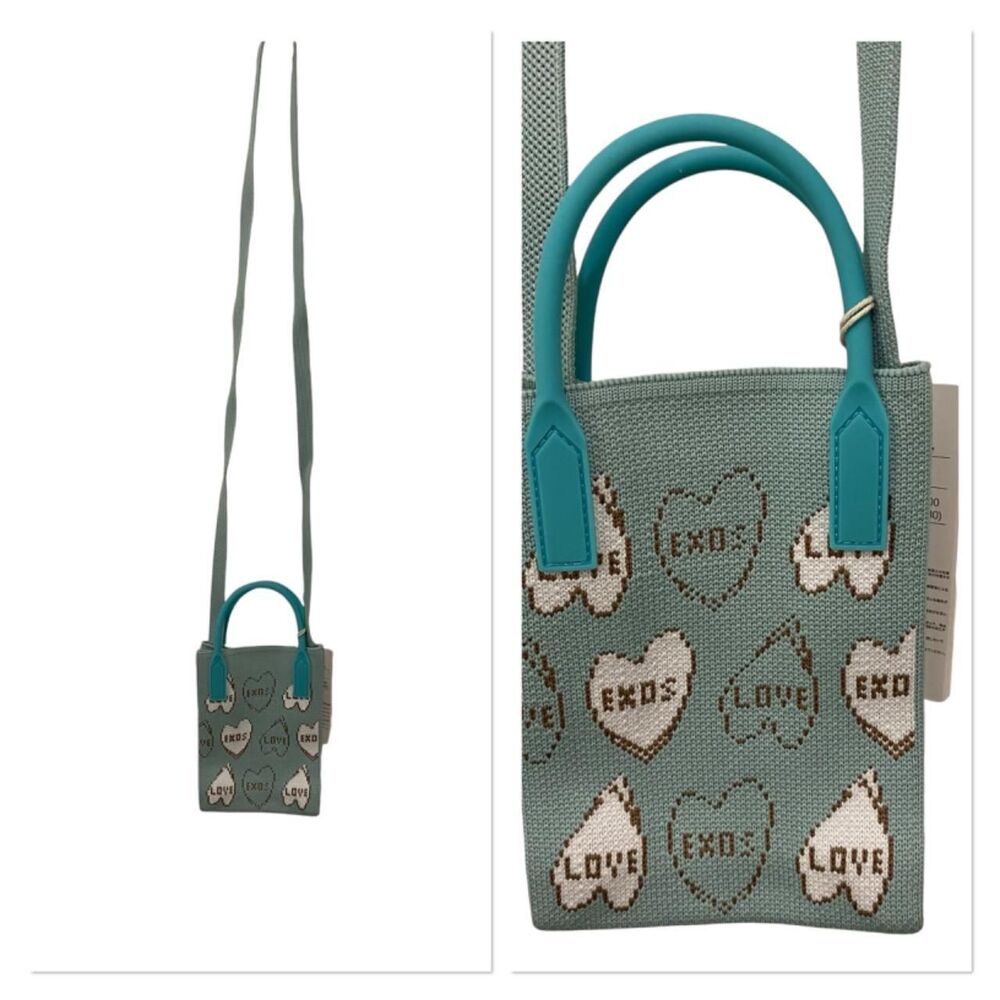 Knitted Mini Open Cross Body Bag/Phone Bag. Love and ExOs. Blue-Green Multi